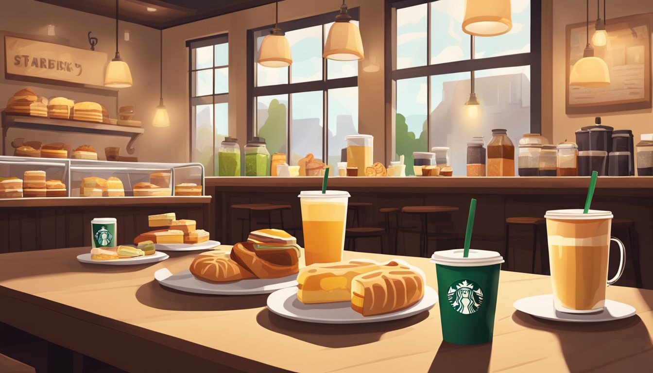 A cozy Starbucks cafe with a spread of breakfast items, including pastries, sandwiches, and drinks displayed on a wooden table. Warm lighting and inviting atmosphere