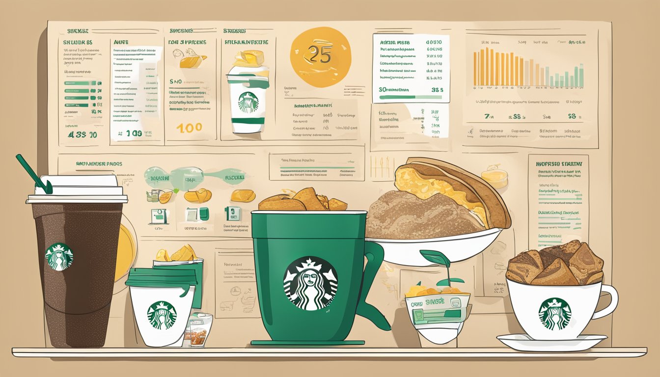 A bustling Starbucks breakfast menu display with various limited-time offers highlighted alongside data analytics charts and graphs