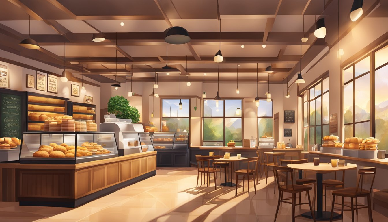 A cozy Starbucks cafe with a display of popular breakfast items like muffins, croissants, and breakfast sandwiches, surrounded by warm lighting and inviting decor