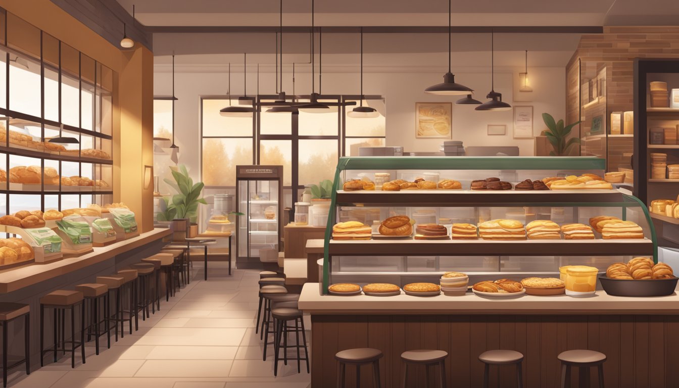 A cozy Starbucks store with warm lighting and a display of comforting breakfast items like pastries, oatmeal, and breakfast sandwiches