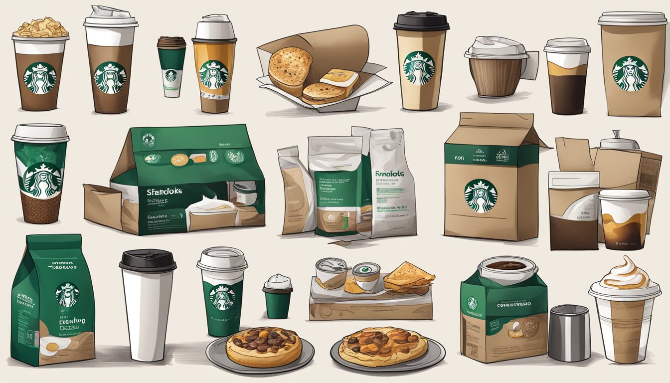 A table with various Starbucks breakfast items and the evolution of to-go coffee packaging, from traditional to modern designs