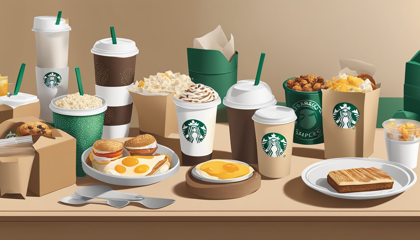 A table with a variety of Starbucks breakfast items displayed alongside different to-go packaging options, including cups, bags, and containers