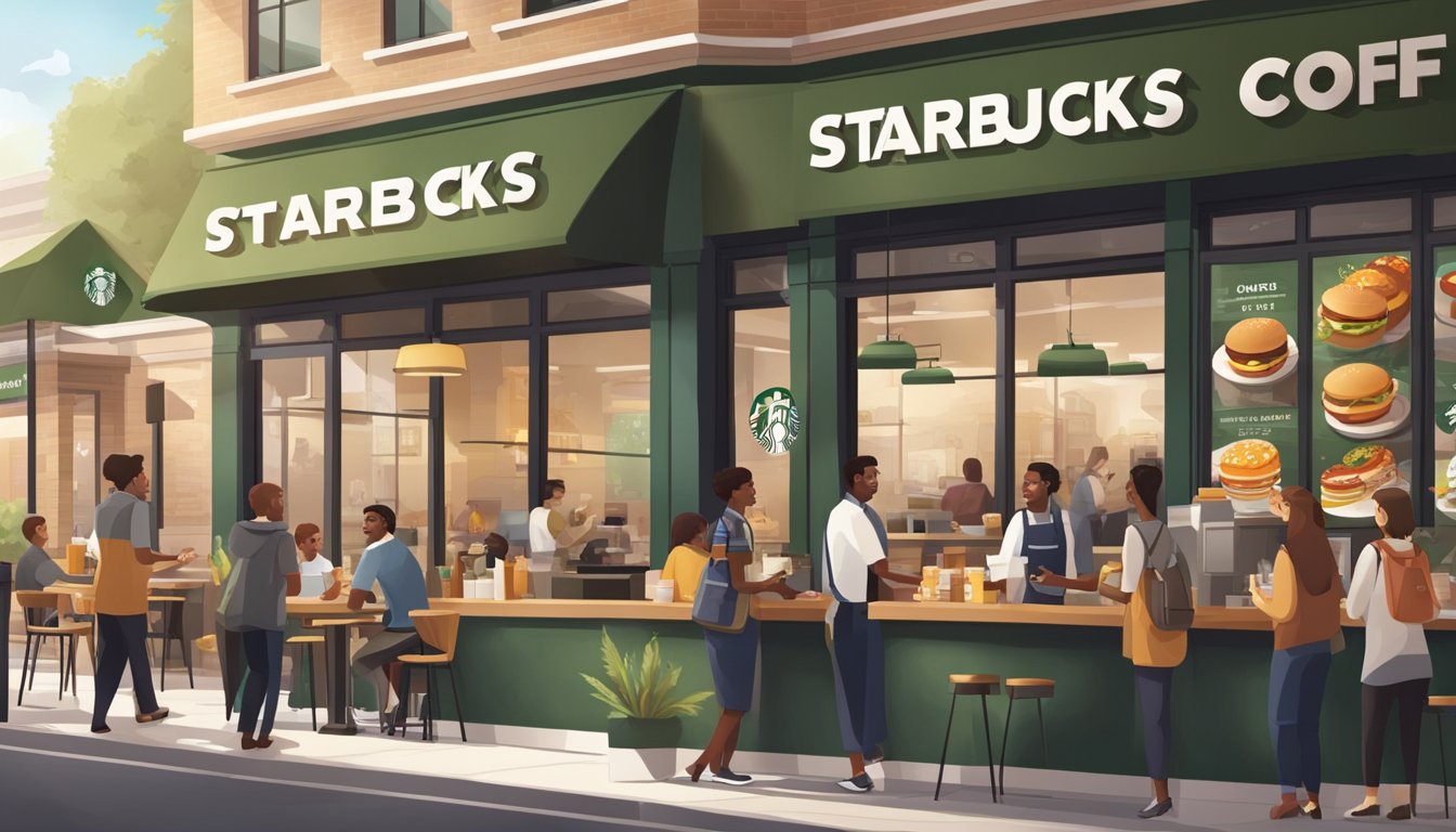 A bustling Starbucks store with a mix of fast food and cafe elements, customers enjoying breakfast and engaging with friendly staff