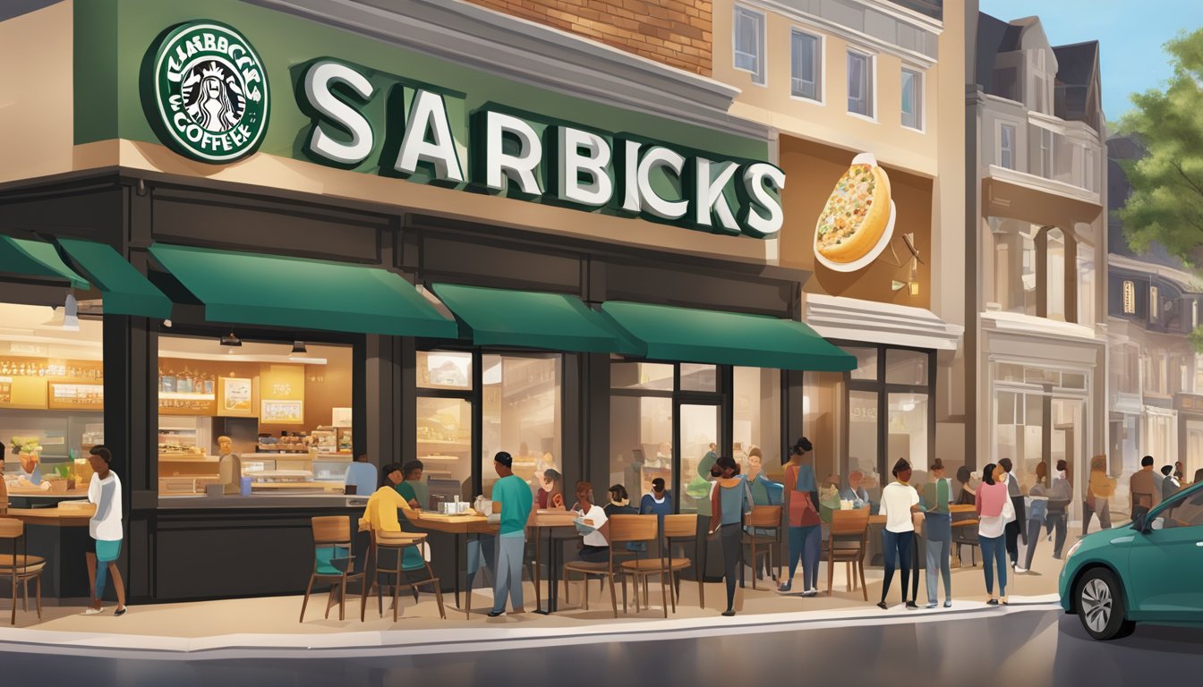 A bustling Starbucks store with a mix of traditional fast food and cafe elements, blending global cultural influences in its breakfast offerings