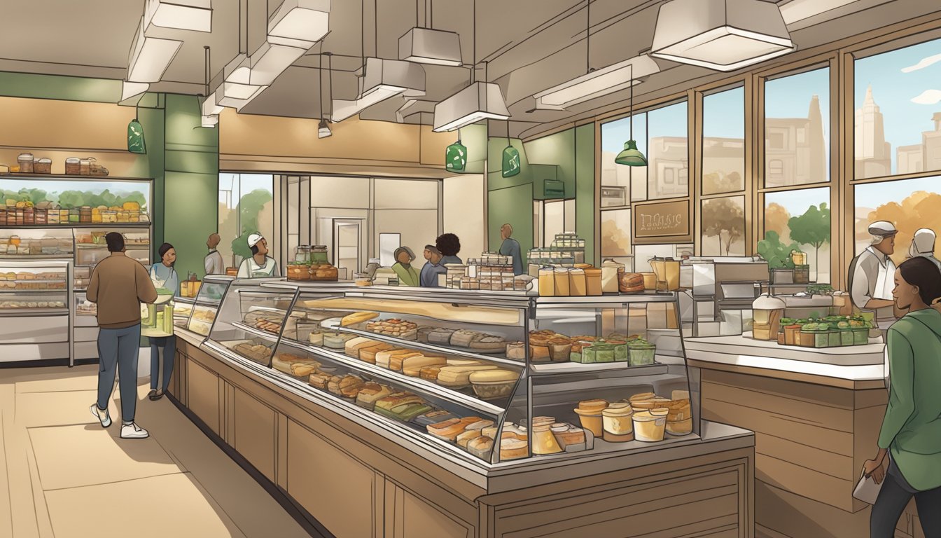 A bustling Starbucks store with a variety of to-go breakfast items displayed in eco-friendly packaging, including sandwiches, pastries, and coffee in recyclable cups