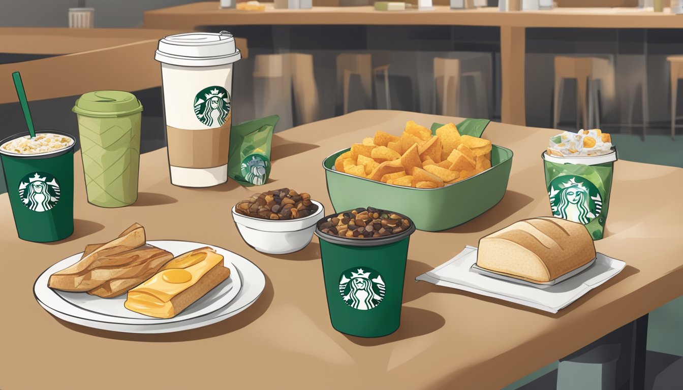 A table at Starbucks with a variety of breakfast items and a collection of eco-friendly to-go packaging options displayed next to a recycling bin