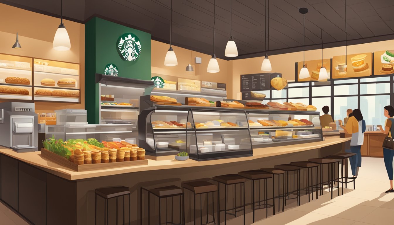 A bustling Starbucks store with a diverse array of breakfast items on display, blending the convenience of fast food with the ambiance of a cafe