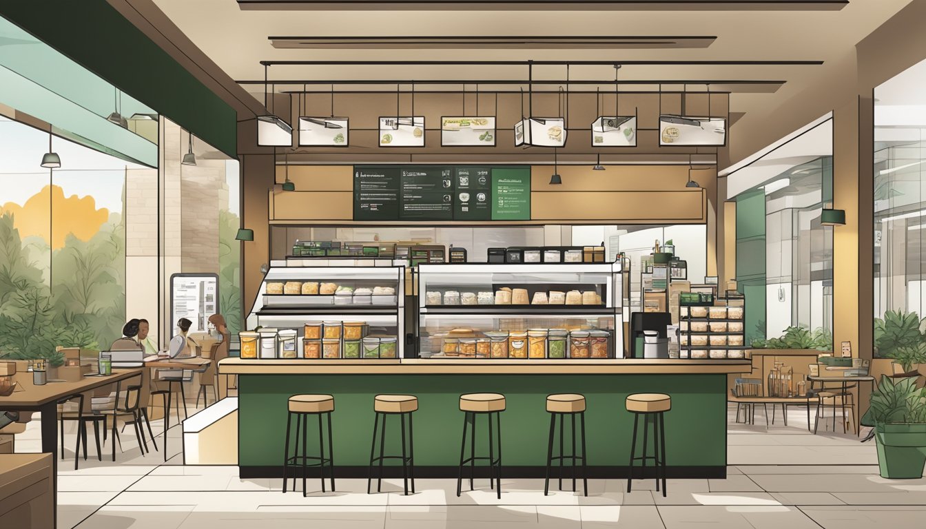 A bustling Starbucks store with a variety of breakfast items neatly arranged in innovative to-go packaging, surrounded by modern and eye-catching design elements