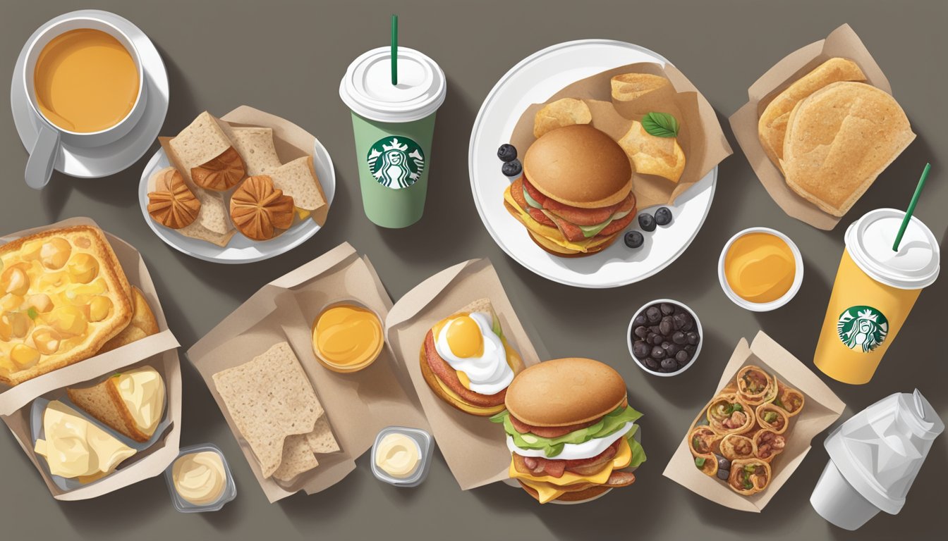 A table with a Starbucks breakfast spread, surrounded by various to-go packaging options