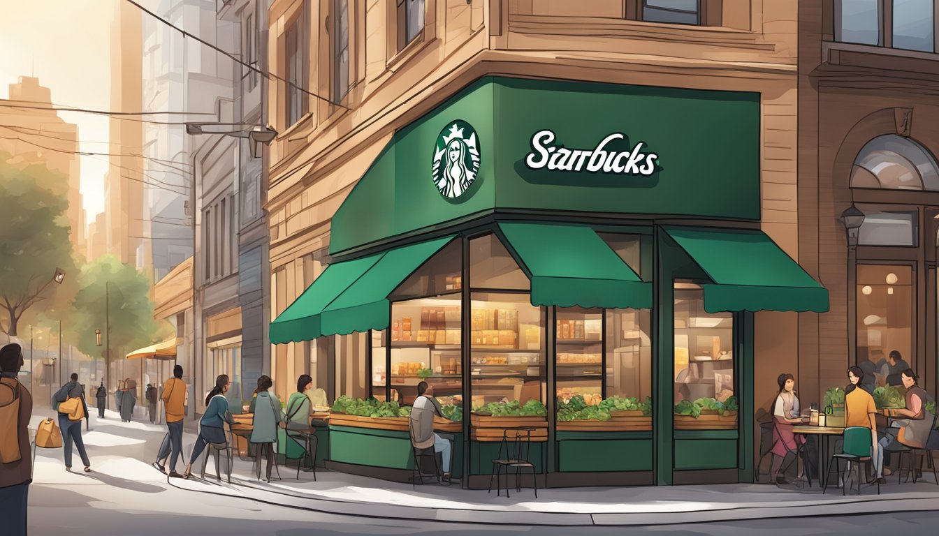 A bustling city street with a Starbucks storefront sandwiched between a fast food joint and a cozy cafe, showcasing the fusion of fast food and cafe culture