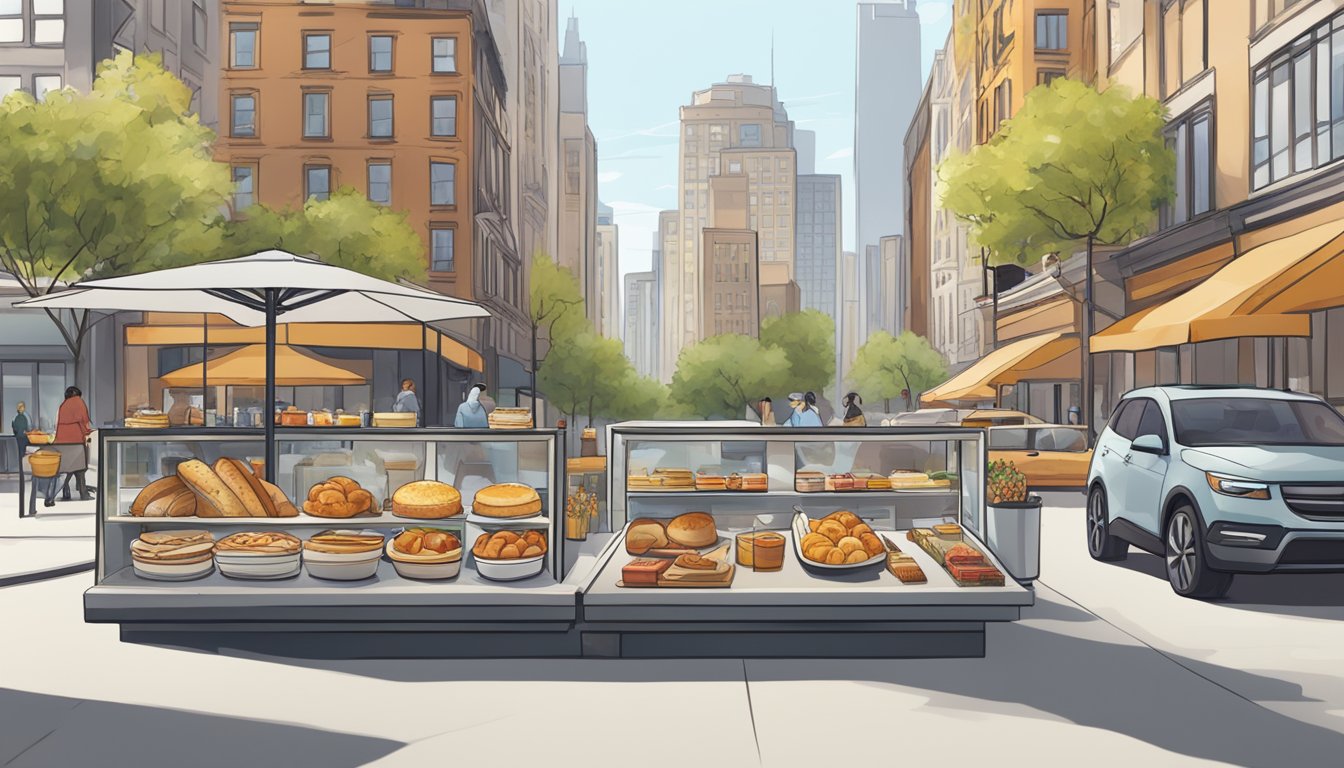 A to-go Starbucks breakfast spread with coffee, pastries, and fruit, set against a backdrop of a busy city street