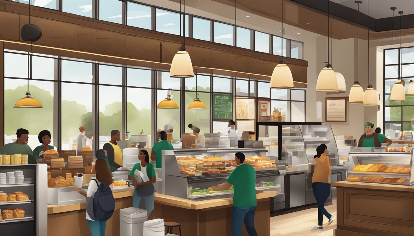 A bustling Starbucks store with a mix of fast food and cafe elements, featuring a variety of breakfast options and a diverse clientele