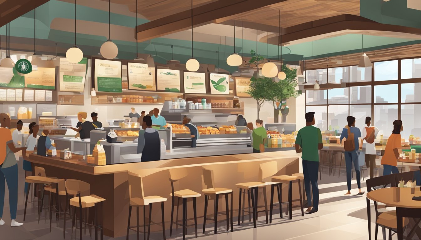 A bustling Starbucks cafe with a diverse array of breakfast options displayed prominently, attracting a mix of morning commuters and casual diners