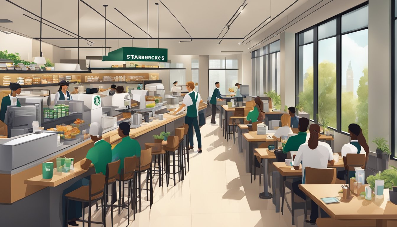 A bustling Starbucks store with employees serving breakfast to a group of professionals in a modern office setting. A positive and productive work environment is evident