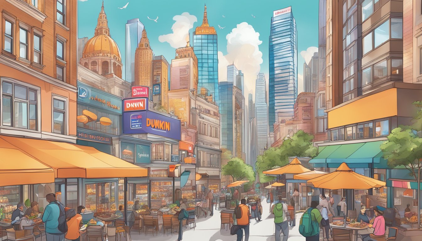 A bustling city skyline with diverse breakfast foods and Dunkin' branding in multiple languages