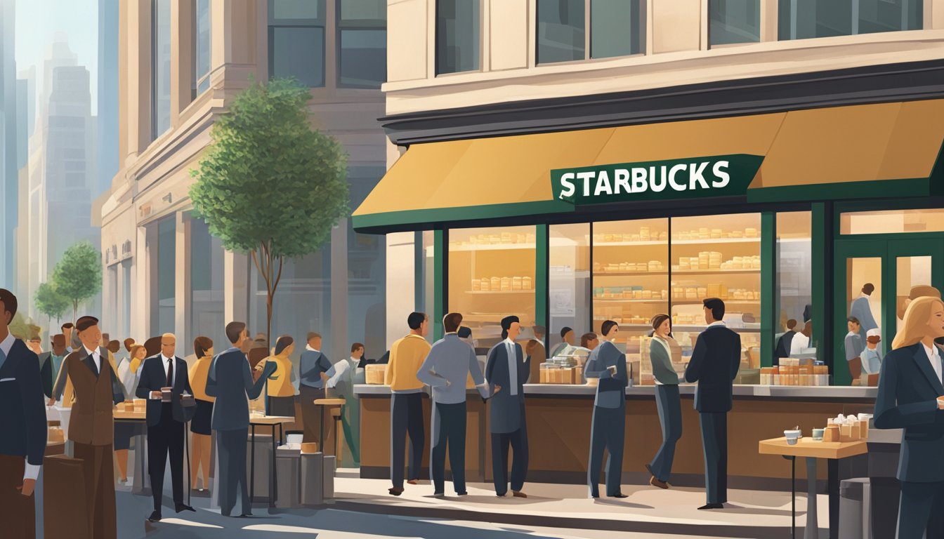 A bustling Starbucks store with customers enjoying breakfast while workers in business attire line up for their morning coffee, set against a backdrop of a busy city street