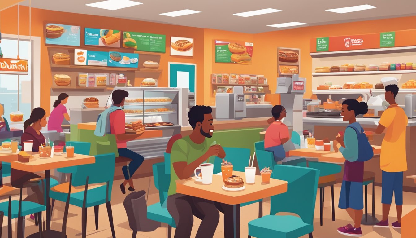 A bustling Dunkin' store with diverse breakfast items and customers from different cultures enjoying their meals in a vibrant and welcoming atmosphere