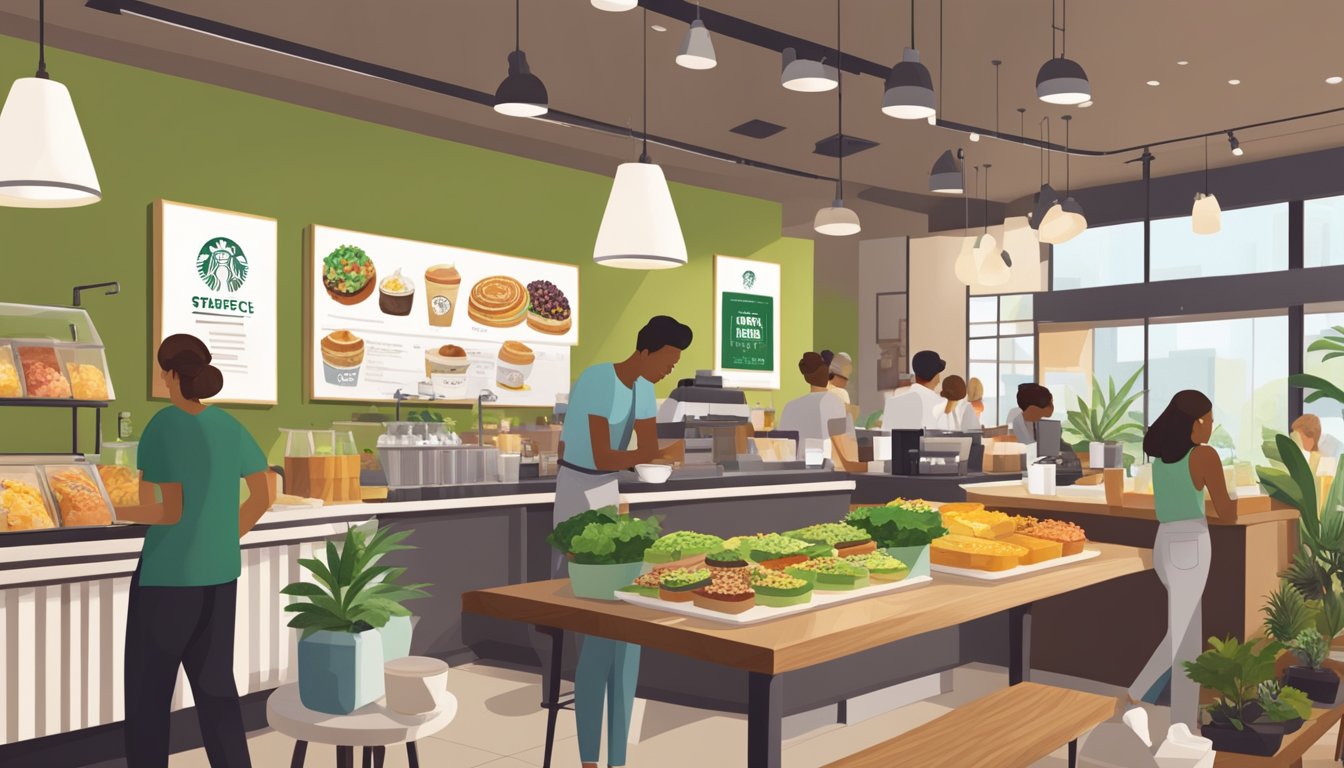 A bustling Starbucks cafe with a variety of trendy breakfast items displayed on the counter, including avocado toast, acai bowls, and plant-based options