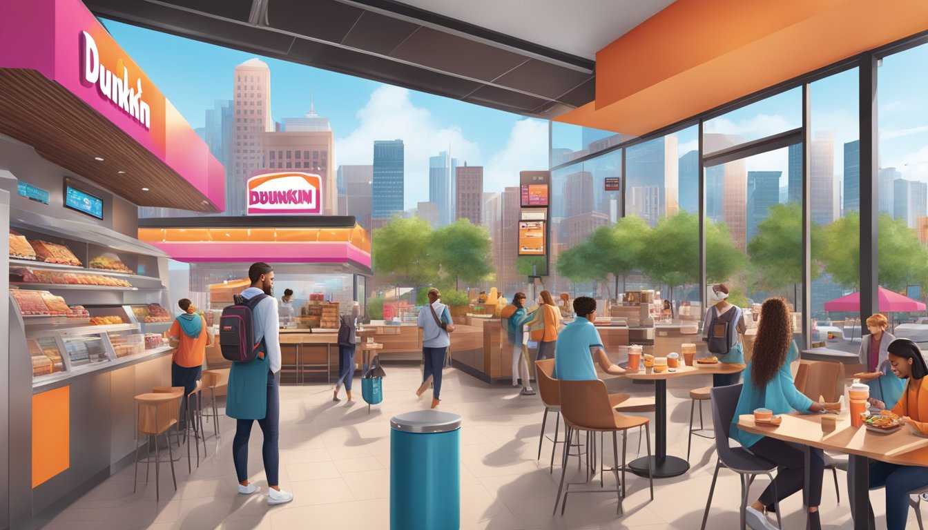 A bustling Dunkin' store with digital kiosks, mobile order pickup, and diverse breakfast items. Outdoor seating overlooks a global cityscape