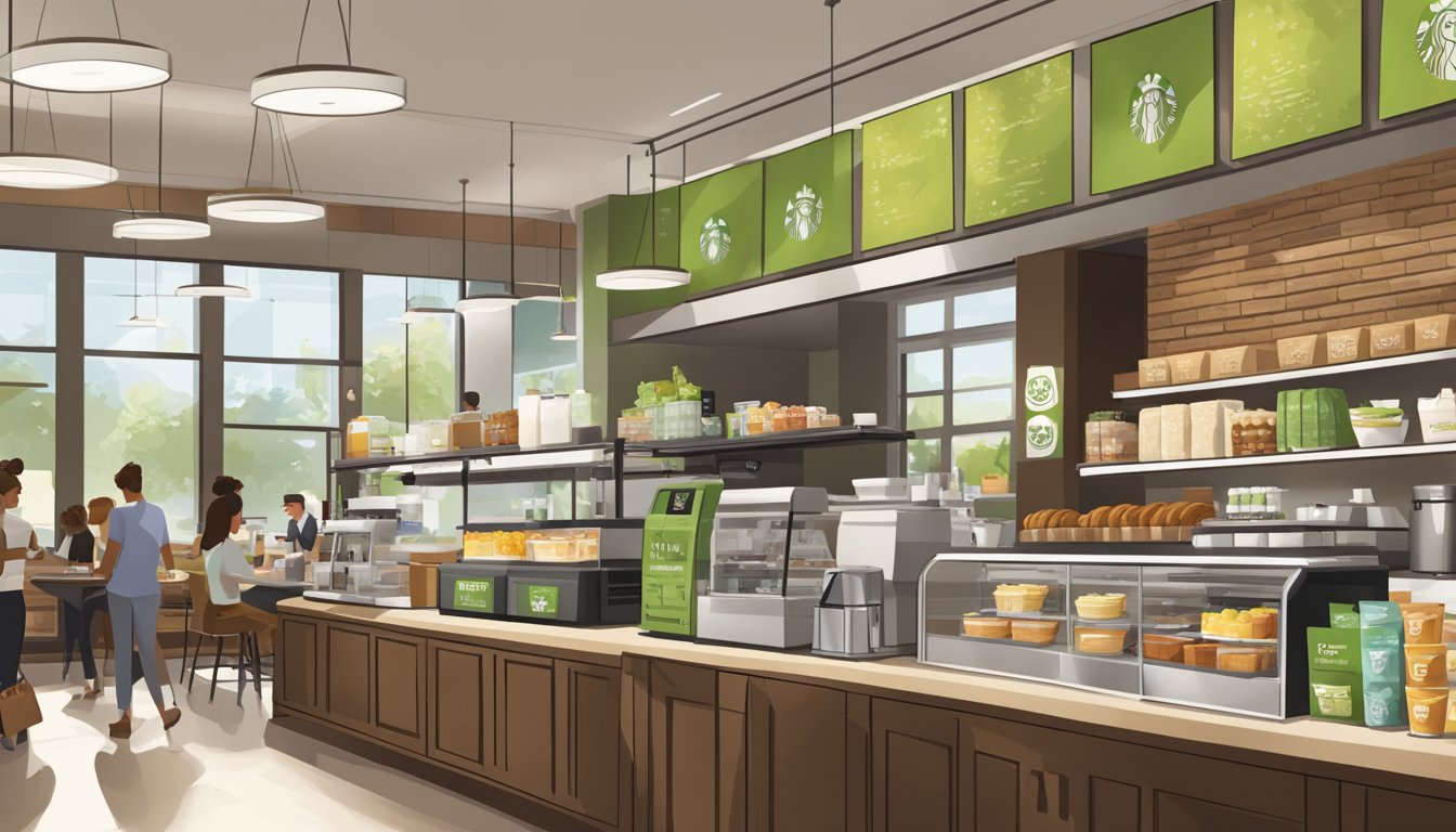 A bustling Starbucks store with a variety of innovative breakfast items on display, including avocado toast, protein boxes, and specialty coffee drinks