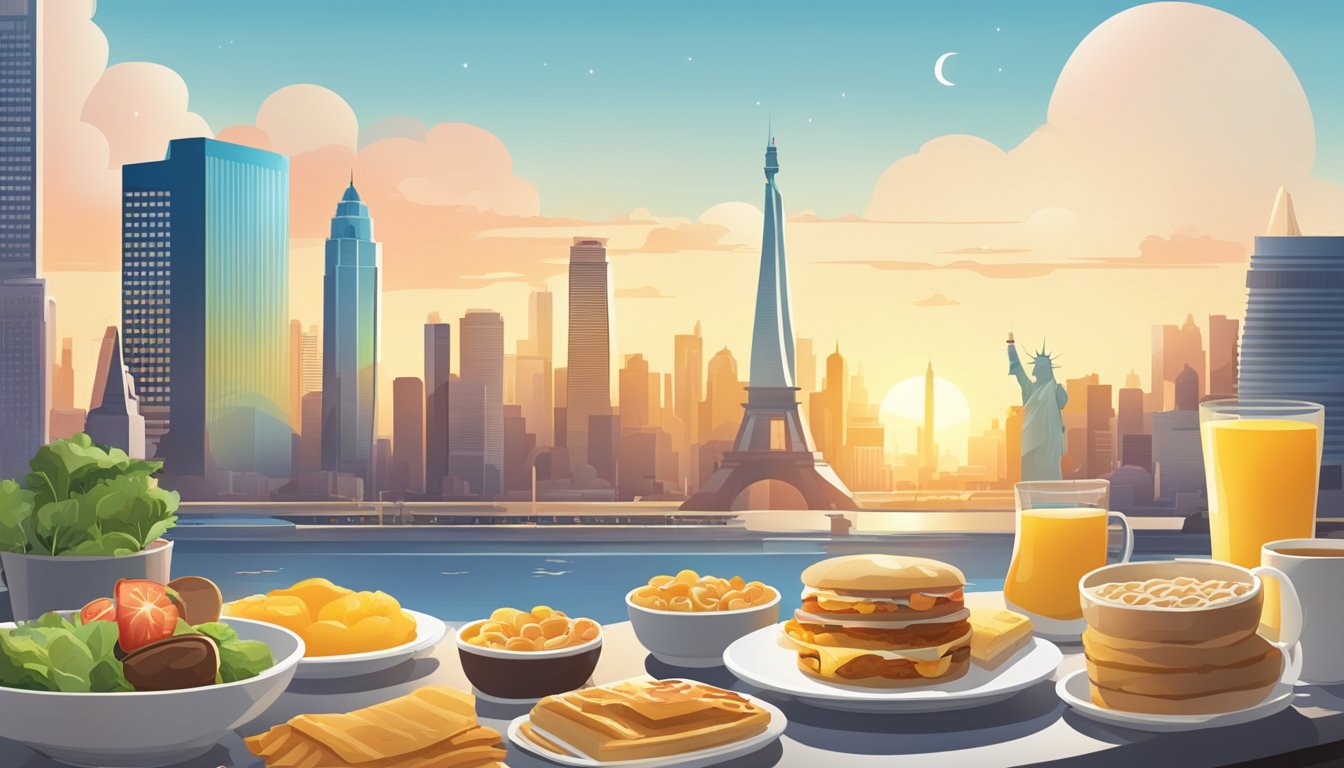 A bustling city skyline with iconic landmarks, featuring a sunrise and various international breakfast items