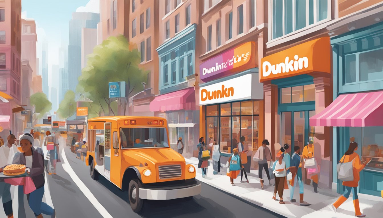 A bustling city street with diverse breakfast options, showcasing Dunkin's global expansion and competitive positioning in the international market