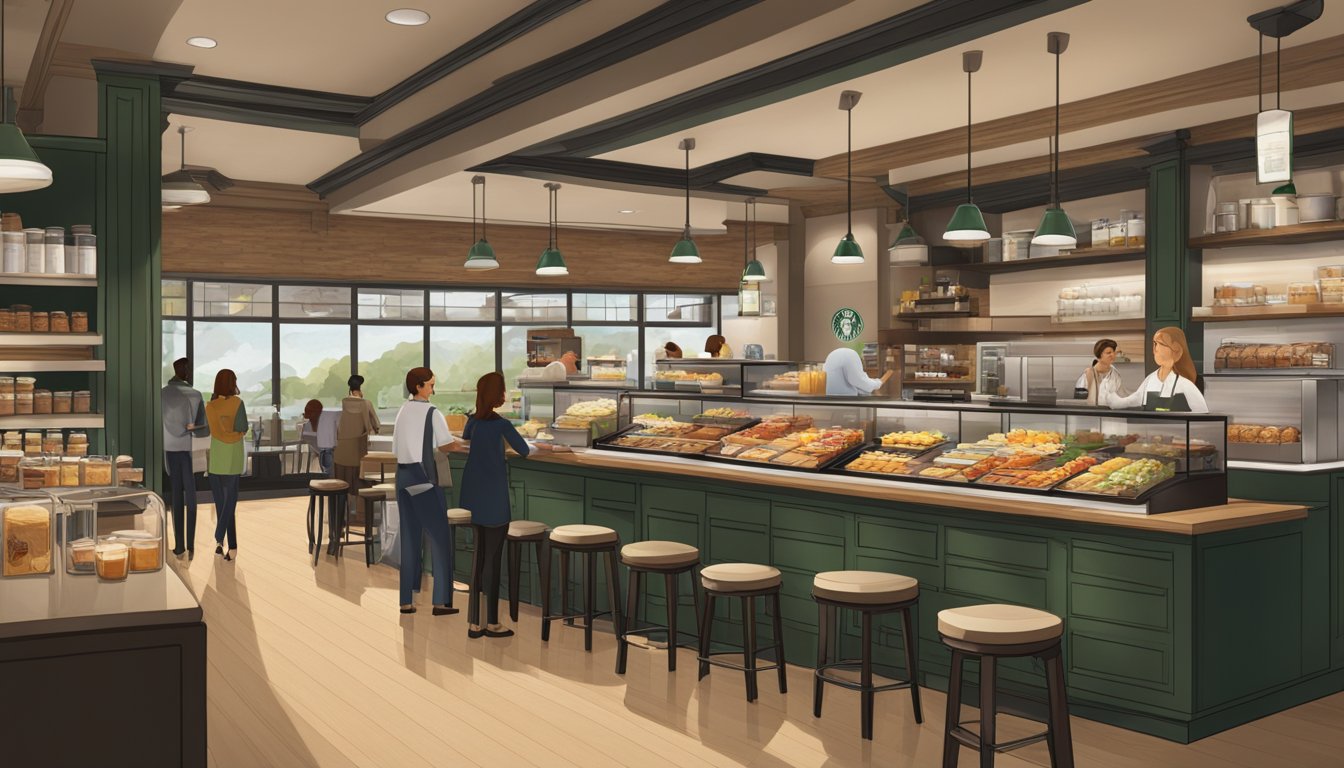 A bustling Starbucks store with a variety of breakfast items on display, including trendy and innovative food options. Customers engage with the menu while staff members ensure a high level of service