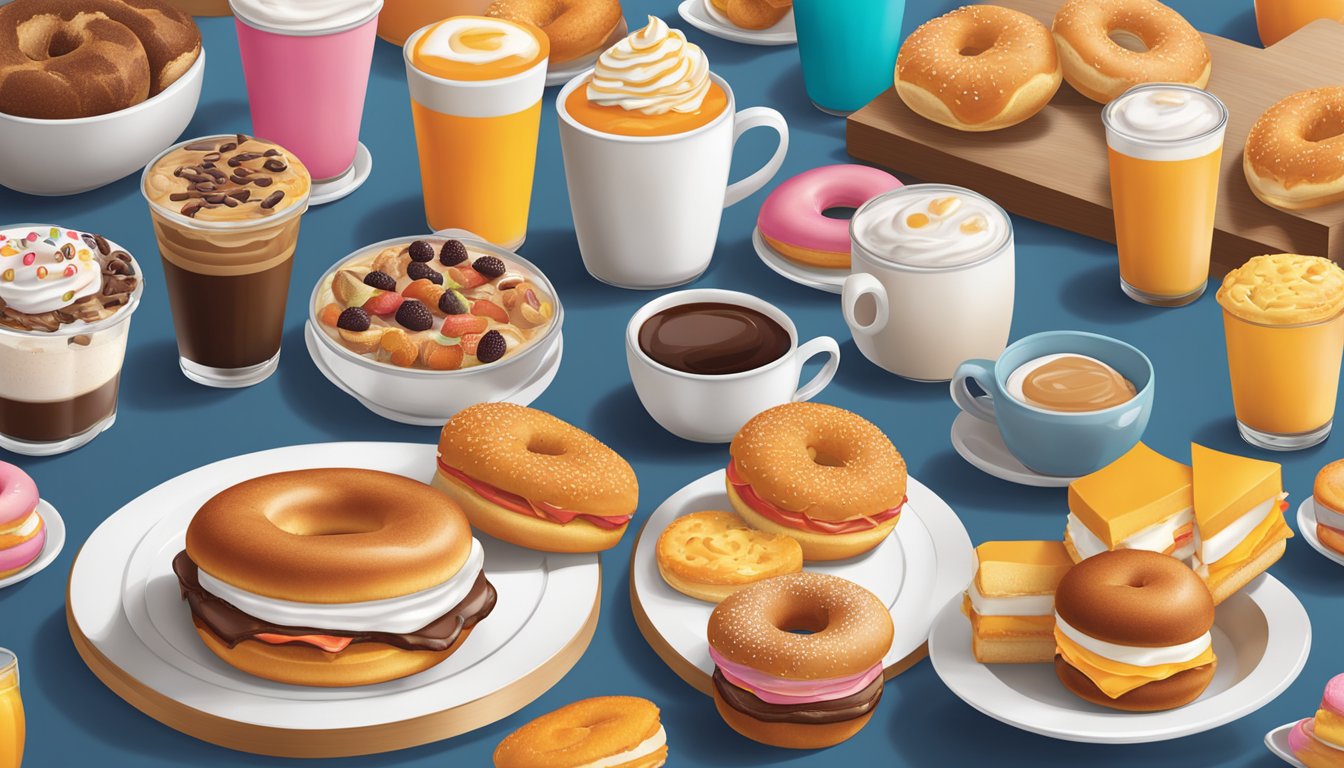 A table set with a variety of breakfast items from Dunkin's menu, including coffee, donuts, and breakfast sandwiches, with prices displayed