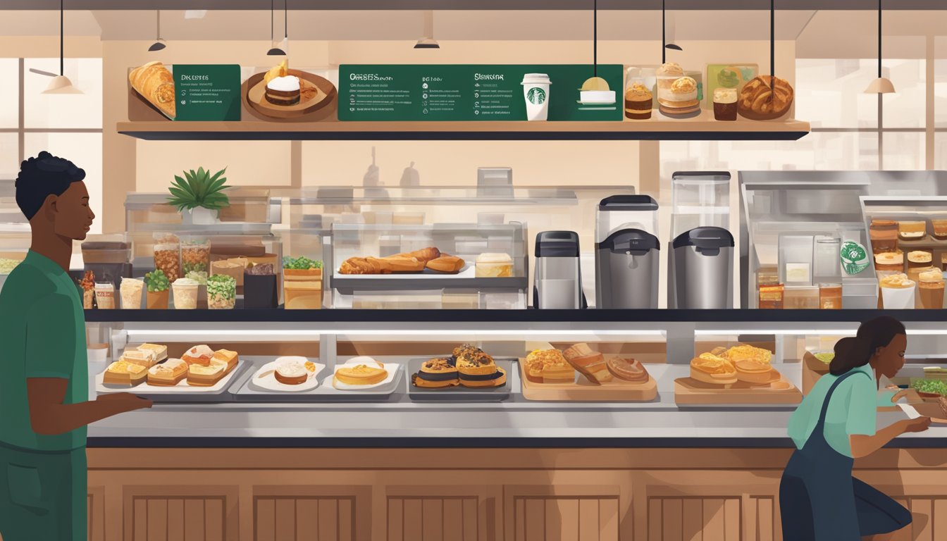 A bustling Starbucks store with a diverse array of breakfast items displayed on the counter, including trendy plant-based options and artisanal pastries