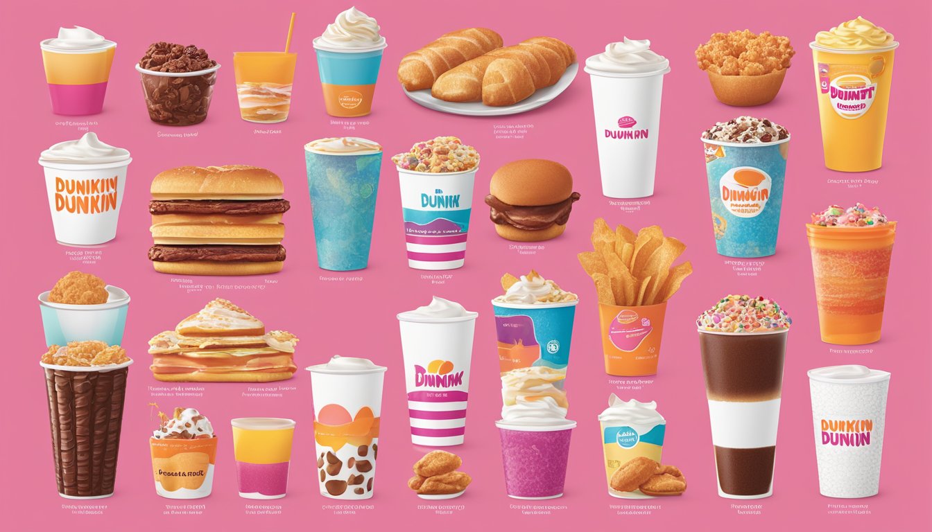 A spread of Dunkin' breakfast menu items with labeled costs and profit margins displayed on a chart