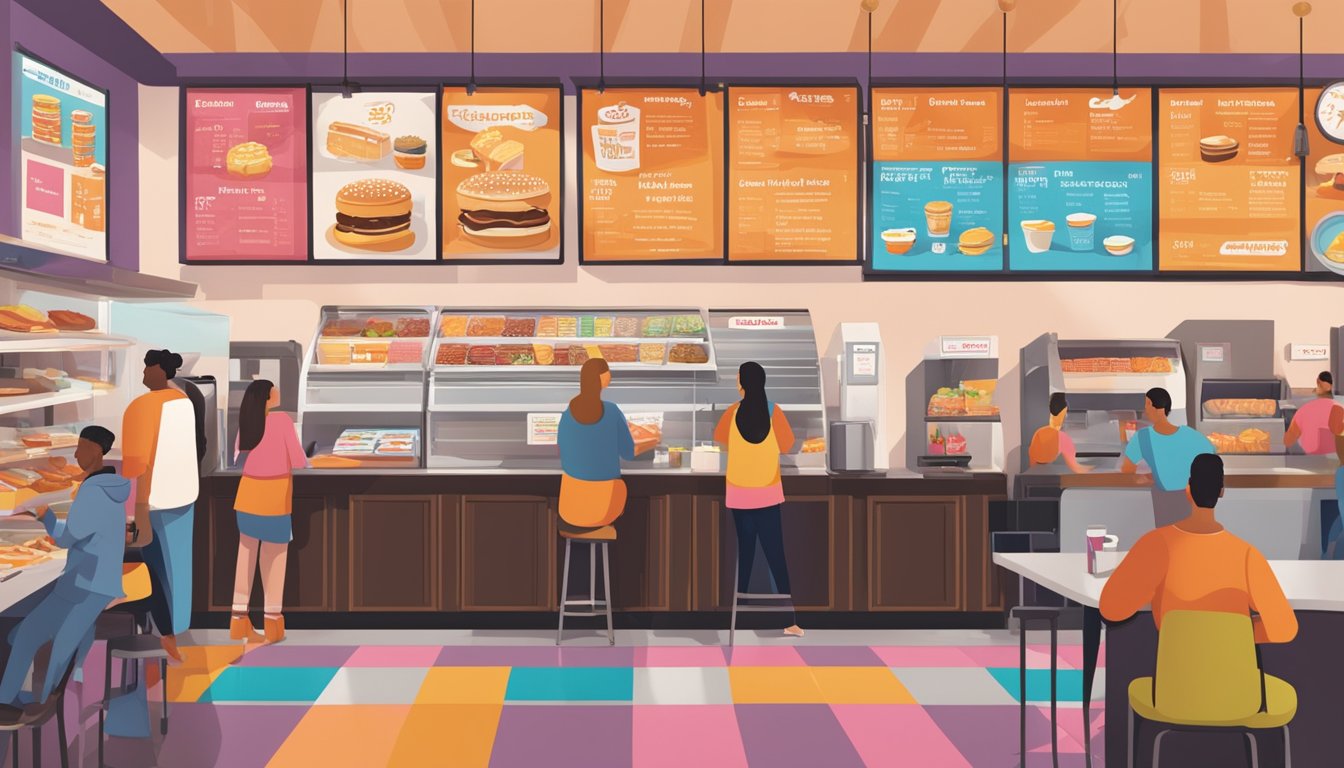 A bustling Dunkin' store with customers ordering and paying for breakfast items at the counter, while others enjoy their meals at tables. A menu board prominently displays pricing for various menu items