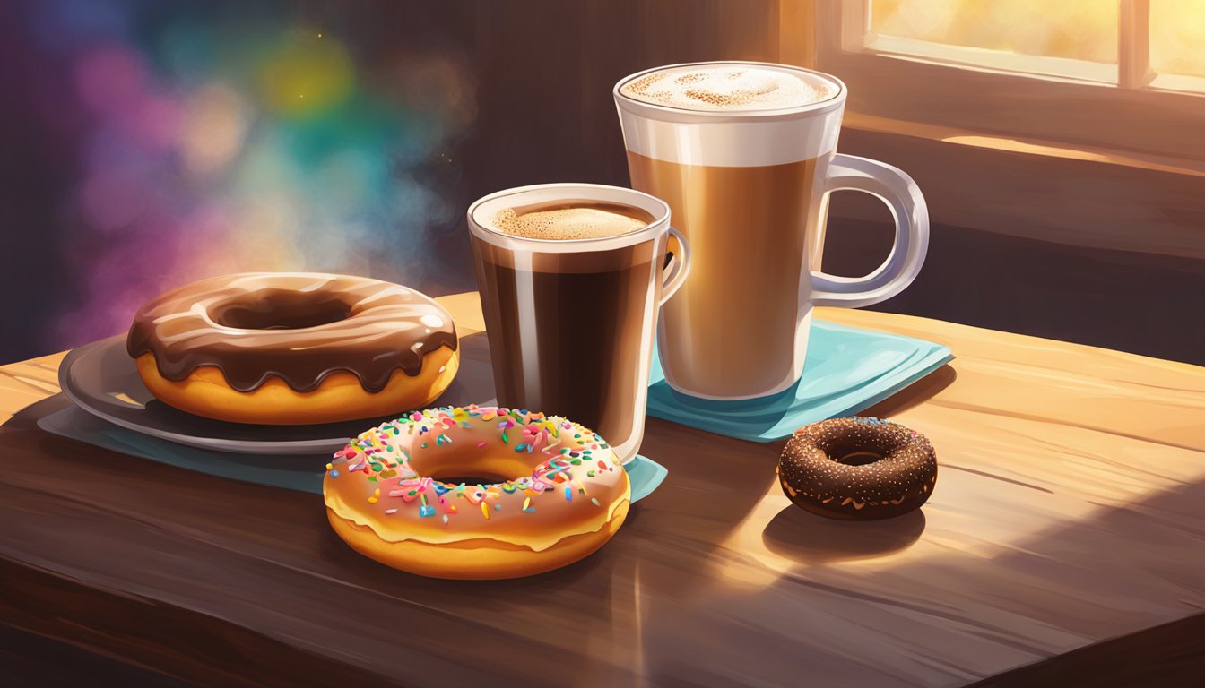 A steaming cup of Dunkin' coffee sits next to a colorful assortment of doughnuts on a rustic wooden table. Sunlight filters through a nearby window, casting a warm glow on the scene