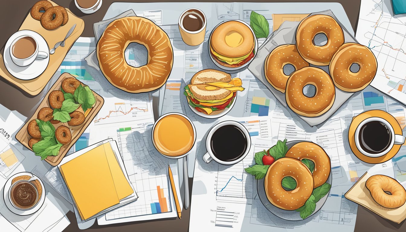 A table with various breakfast menu items, including coffee, donuts, and sandwiches, surrounded by charts and graphs depicting pricing and sales data