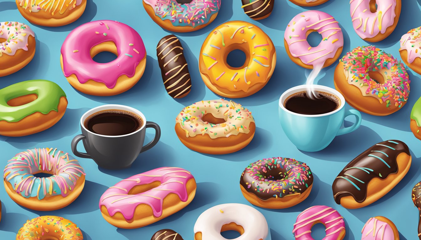 A colorful array of assorted donuts arranged next to steaming cups of Dunkin' coffee, creating a tempting display of the perfect pairing