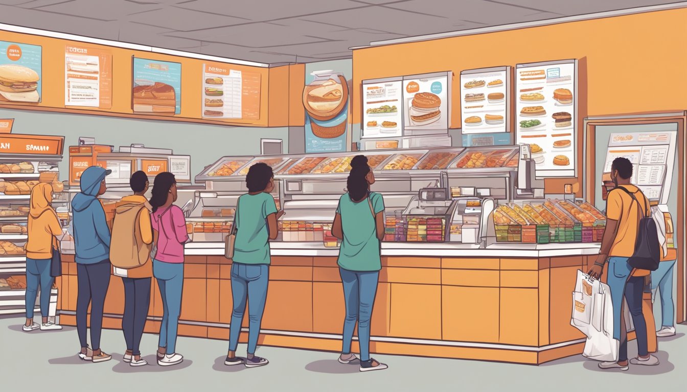 A bustling Dunkin' store with a prominent breakfast menu board, customers in line, and a busy cashier adjusting prices