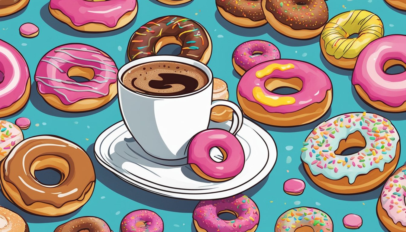 A steaming cup of Dunkin' coffee sits beside a colorful array of doughnuts, creating an inviting and delicious pairing