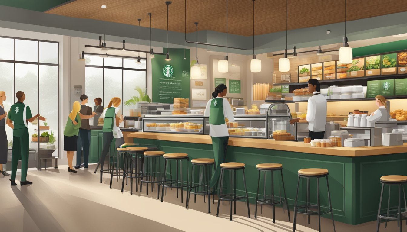 A bustling Starbucks cafe with a focus on sustainable and environmentally friendly practices, featuring a display of fresh, high-quality breakfast food items and a team of diligent staff ensuring food safety and quality control