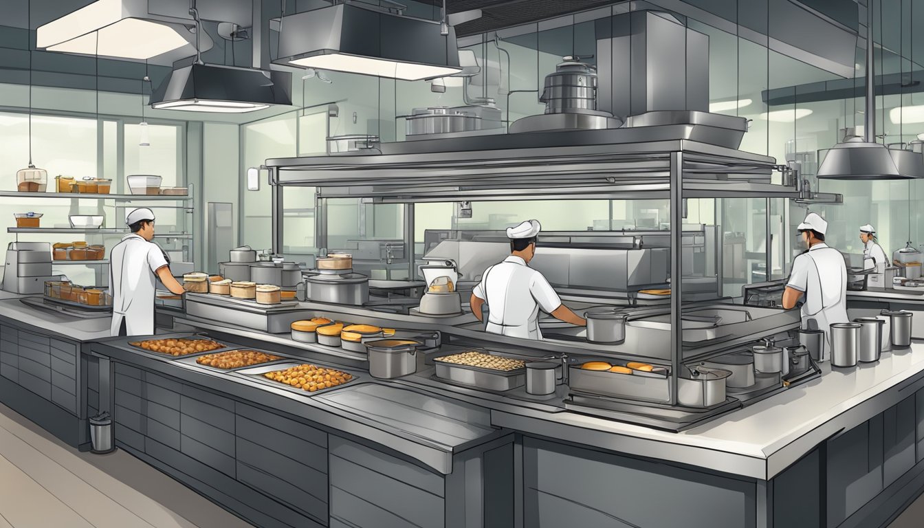 A bustling Starbucks kitchen with modern equipment and strict quality control measures in place to ensure safe and innovative breakfast food production