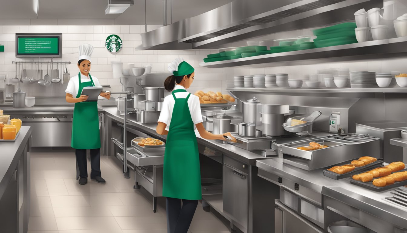 A bustling Starbucks kitchen with staff in aprons conducting quality checks on breakfast food items. Temperature gauges, checklists, and certification plaques are visible