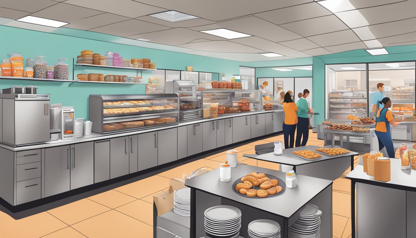 A bustling office break room filled with Dunkin' breakfast catering items, including coffee, bagels, and pastries, with employees grabbing food and fueling up for the workday ahead