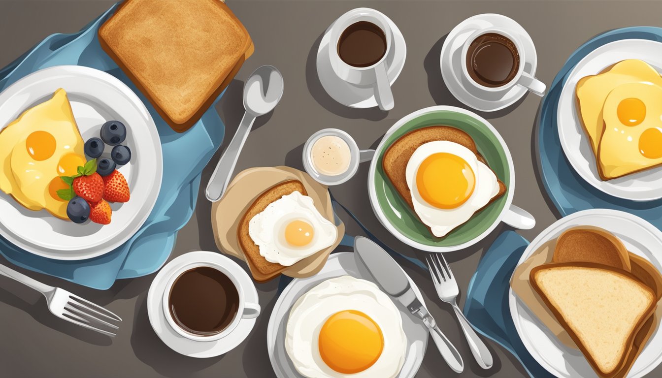 A breakfast plate with a balanced portion of eggs, toast, and fruit next to a cup of coffee