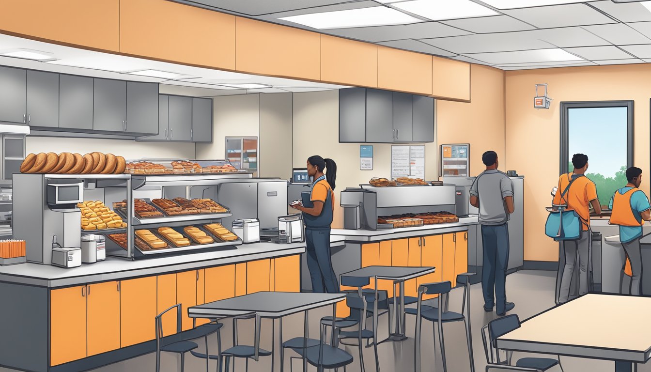 A bustling office break room with a long table filled with Dunkin's breakfast catering, including coffee, bagels, and pastries, as employees gather to fuel up for the workday