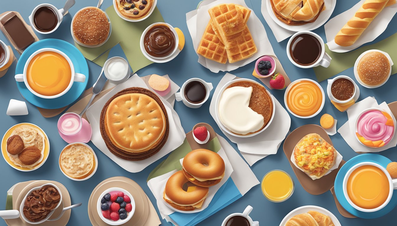 A spread of various breakfast items on a table, showcasing Dunkin's portion sizes and offerings