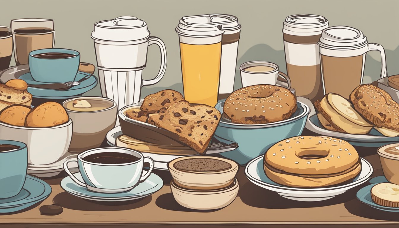 A table with various breakfast items: bagels, muffins, sandwiches, and coffee cups. Nutritional information charts displayed next to each item