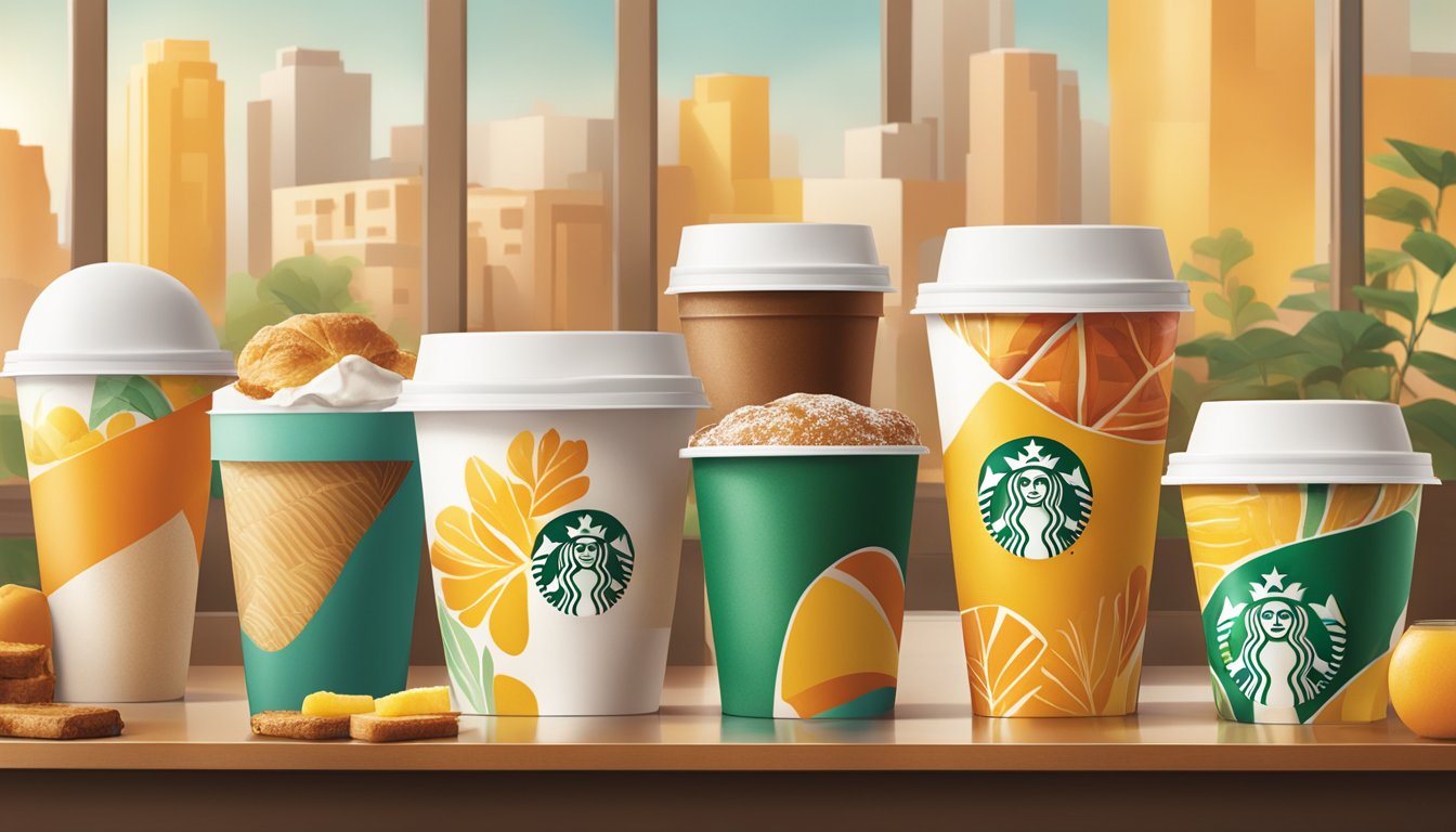 A vibrant array of Starbucks breakfast packaging, featuring a mix of warm and inviting colors to evoke a sense of energy and comfort