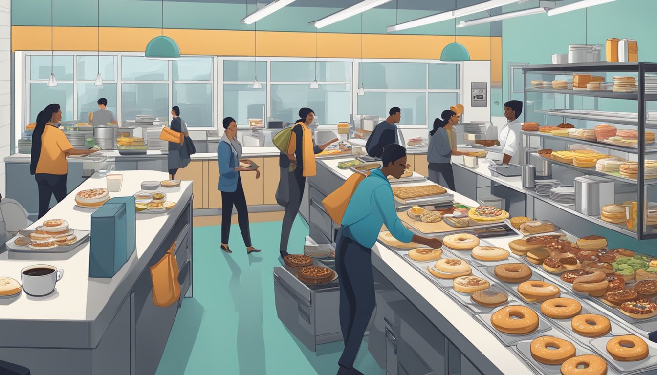 A bustling office kitchen with a long table filled with trays of breakfast sandwiches, donuts, and coffee, surrounded by busy employees grabbing a quick bite before starting their workday