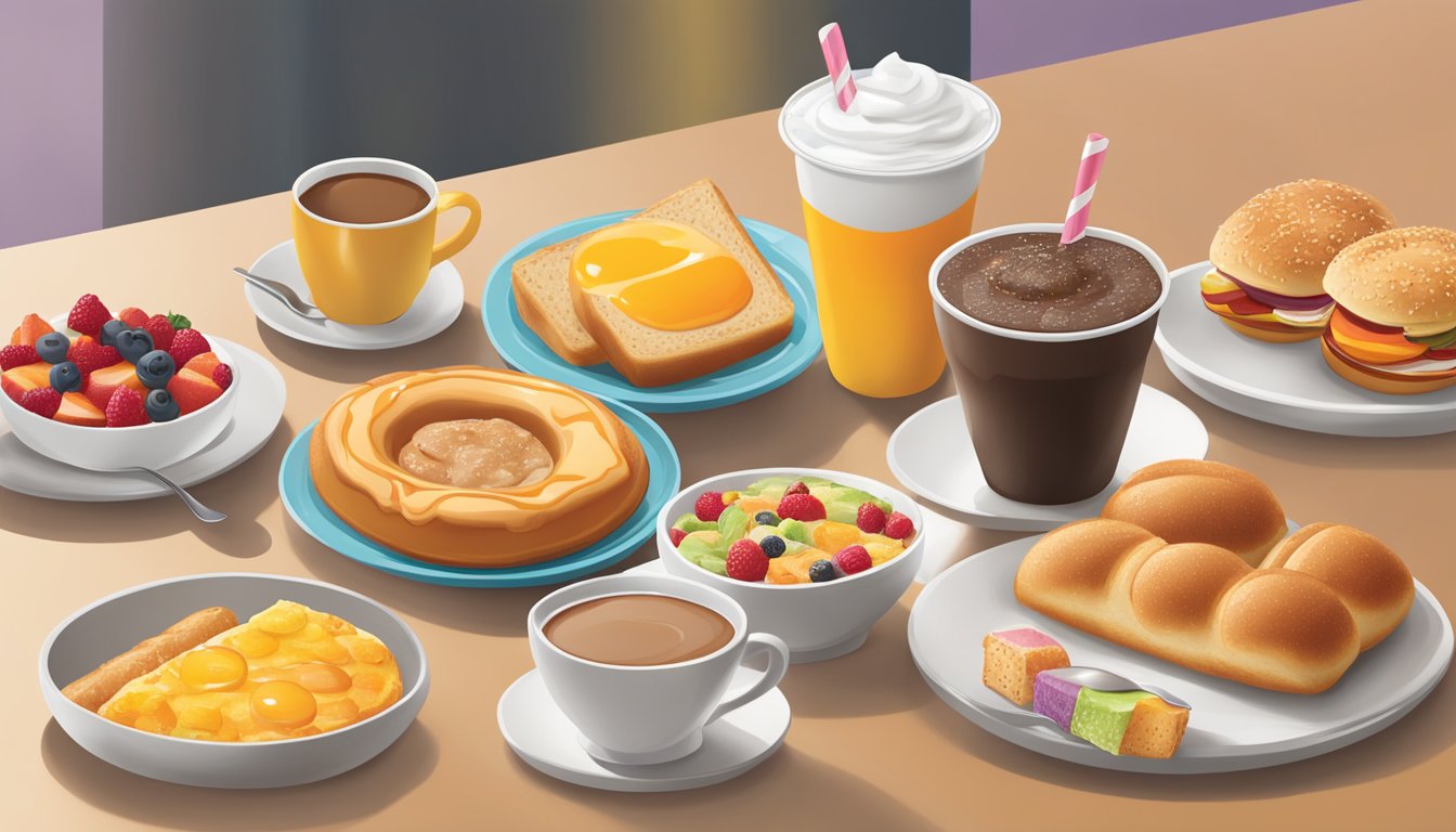 A table with various breakfast items in different portion sizes, such as small, medium, and large, displayed next to the Dunkin' Donuts logo