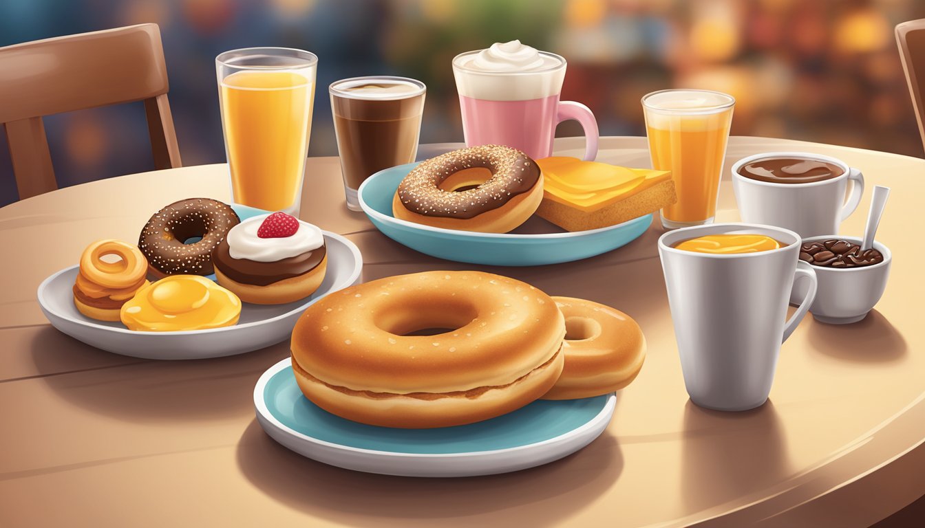 A table set with a variety of Dunkin' Donuts breakfast items in different portion sizes, surrounded by a warm and inviting atmosphere