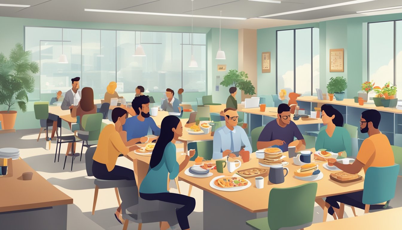 A bustling office break room with a long table filled with assorted breakfast items and steaming coffee, as employees gather around chatting and enjoying their morning meal