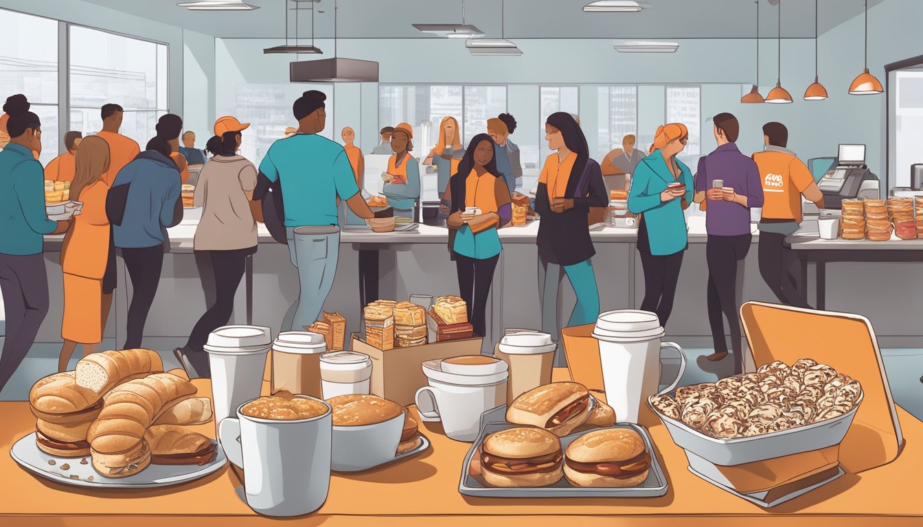 A bustling office break room with Dunkin' breakfast catering spread out on a table, surrounded by busy employees grabbing coffee and pastries